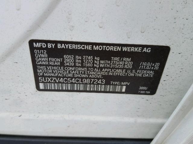 5UXZV4C54CL987243 - 2012 BMW X5 XDRIVE3 WHITE photo 10
