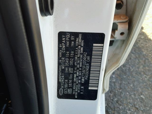 KMHCT5AE5FU204642 - 2015 HYUNDAI ACCENT GS WHITE photo 10