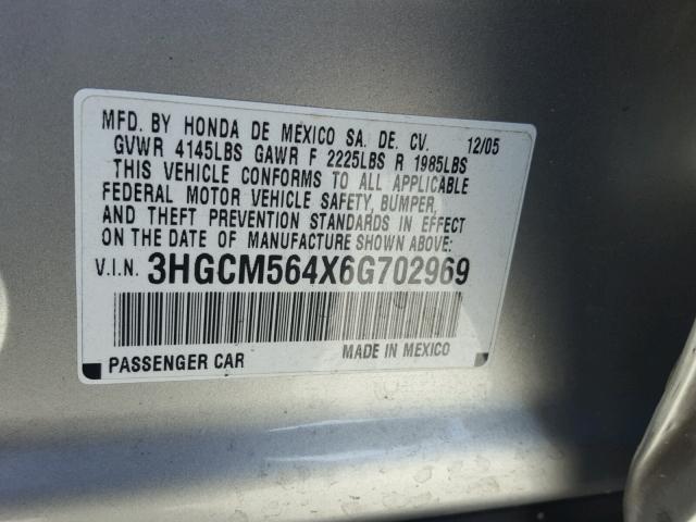 3HGCM564X6G702969 - 2006 HONDA ACCORD SILVER photo 10