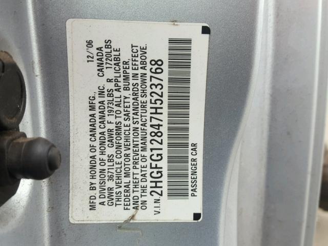 2HGFG12847H523768 - 2007 HONDA CIVIC EX GRAY photo 10