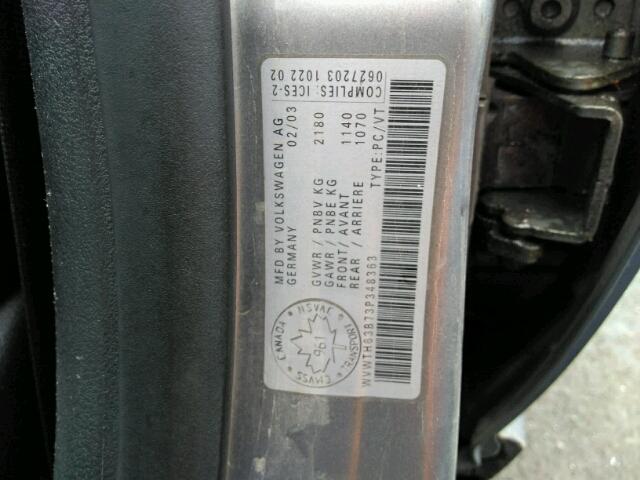 WVWTH63B73P348363 - 2003 VOLKSWAGEN PASSAT GLX GRAY photo 10