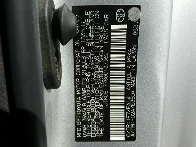 JTKDE177860137362 - 2006 TOYOTA SCION TC 银色 照片 10