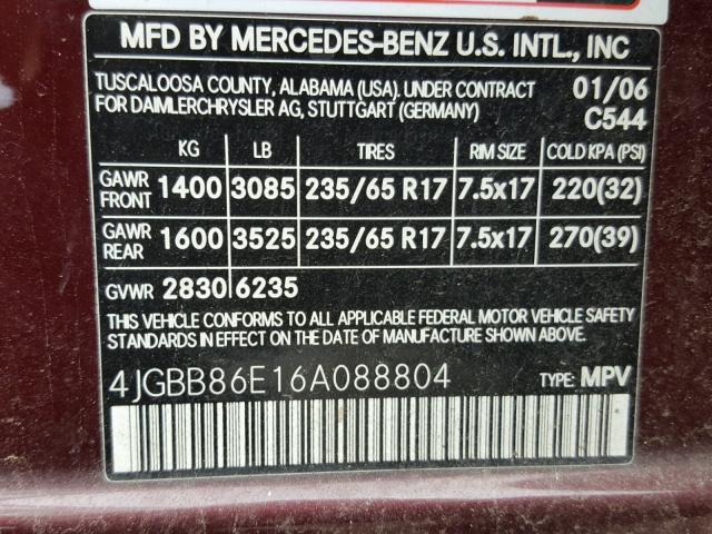 4JGBB86E16A088804 - 2006 MERCEDES-BENZ ML 350 BURGUNDY photo 10