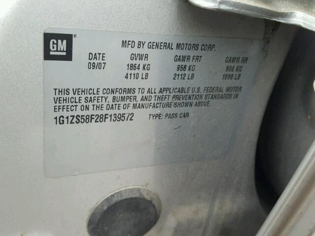 1G1ZS58F28F139572 - 2008 CHEVROLET MALIBU LS ვერცხლისფერი ფოტო 10