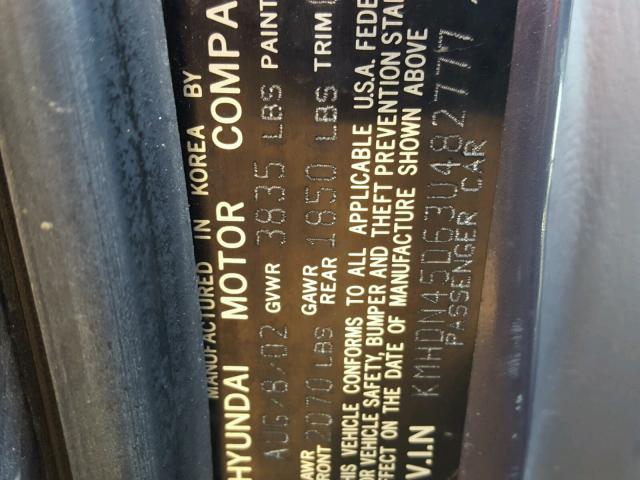 KMHDN45D63U482777 - 2003 HYUNDAI ELANTRA GL GRAY photo 10