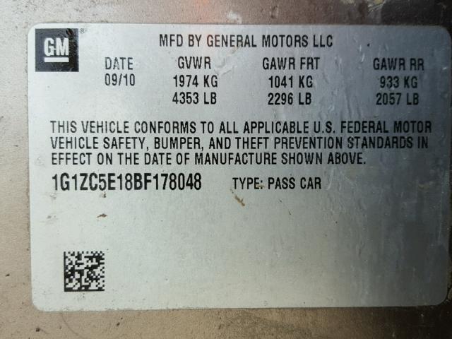 1G1ZC5E18BF178048 - 2011 CHEVROLET MALIBU 1LT 棕色 照片 10