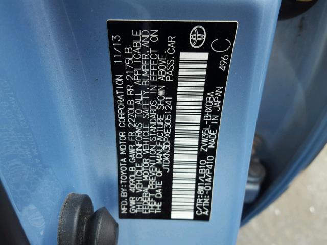 JTDKN3DPXE3051241 - 2014 TOYOTA PRIUS PLUG BLUE photo 10