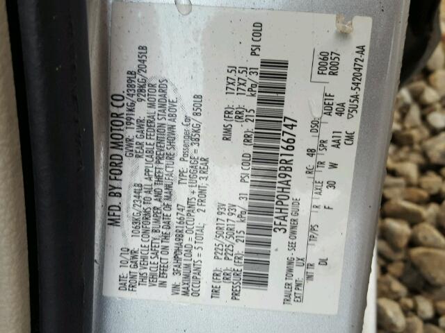 3FAHP0HA9BR166747 - 2011 FORD FUSION SILVER photo 10