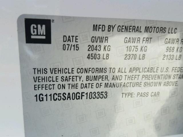 1G11C5SA0GF103353 - 2016 CHEVROLET MALIBU LIM WHITE photo 10