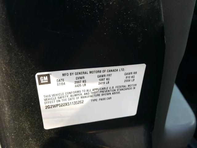 2G2WP522X51135262 - 2005 PONTIAC GRAND PRIX 黑色 照片 10