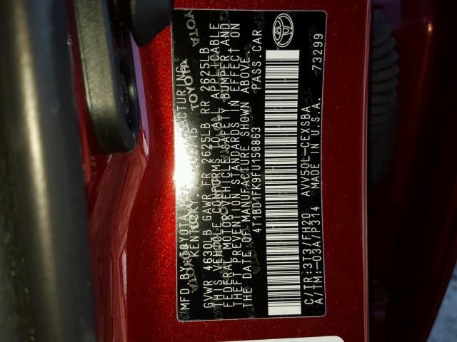 4T1BD1FK9FU158863 - 2015 TOYOTA CAMRY RED photo 10