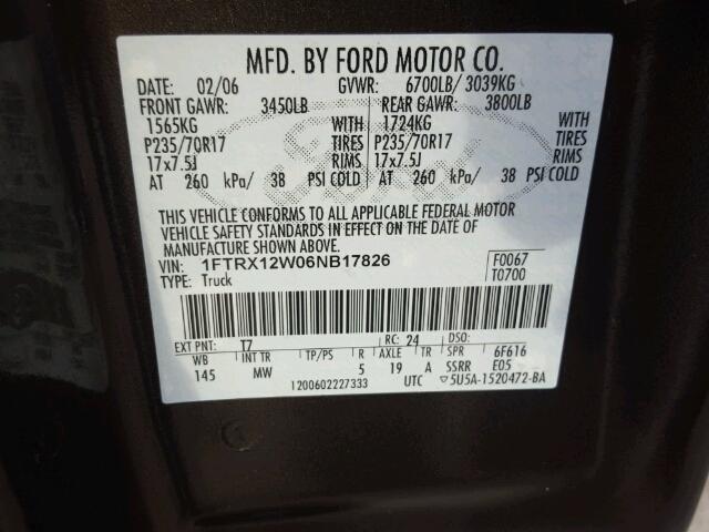 1FTRX12W06NB17826 - 2006 FORD F150 棕色 照片 10