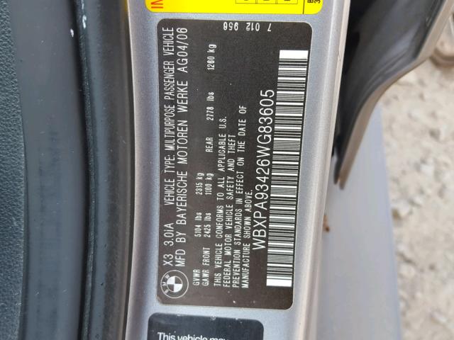 WBXPA93426WG83605 - 2006 BMW X3 3.0I GRAY photo 10