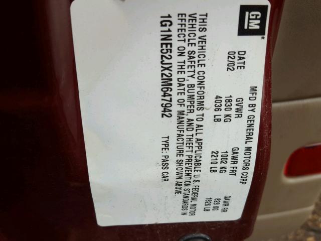 1G1NE52JX2M647942 - 2002 CHEVROLET MALIBU LS Bordo foto 10