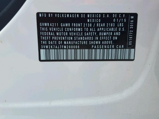 3VW2K7AJ7FM288086 - 2015 VOLKSWAGEN JETTA BASE Սպիտակ լուսանկար 10