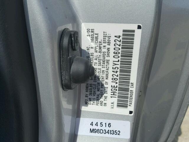 1HGEJ8245YL060224 - 2000 HONDA CIVIC EX 银色 照片 10