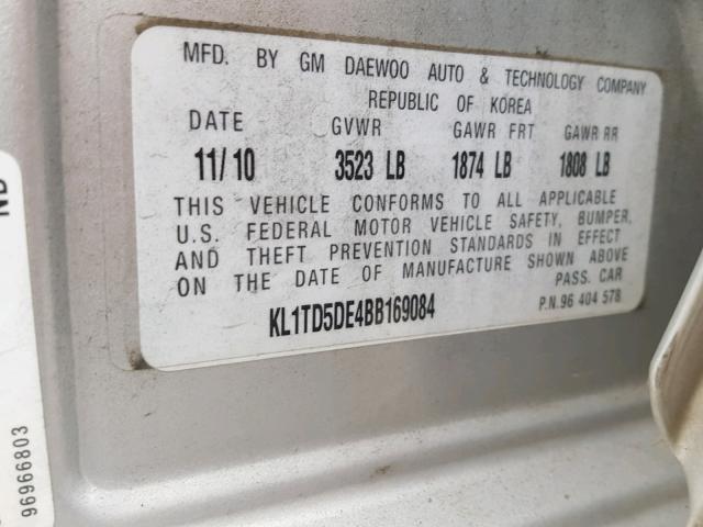 KL1TD5DE4BB169084 - 2011 CHEVROLET AVEO LS SILVER photo 10