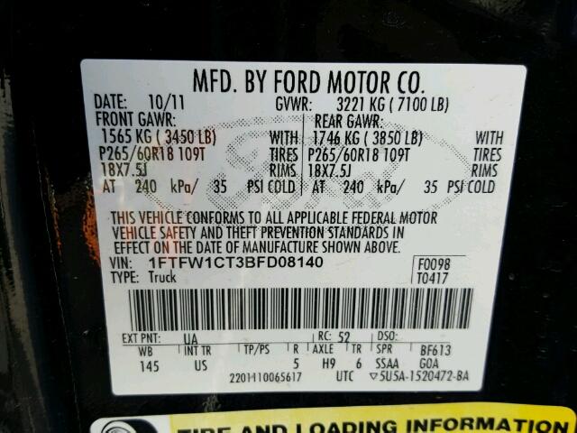 1FTFW1CT3BFD08140 - 2011 FORD F150 SUPER BLACK photo 10