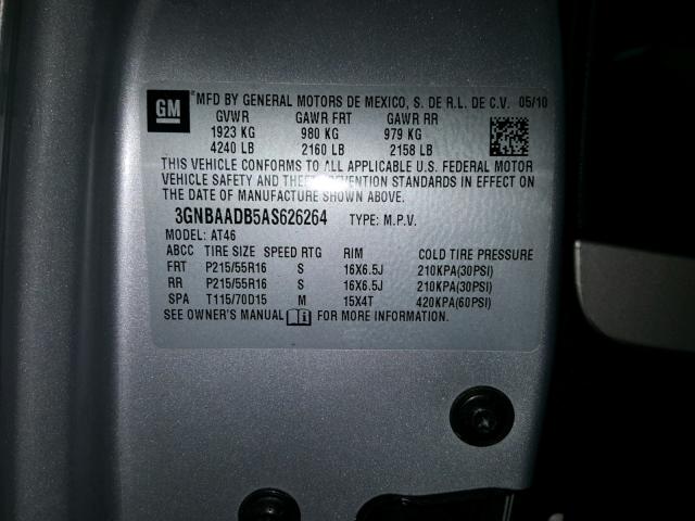 3GNBAADB5AS626264 - 2010 CHEVROLET HHR LS Plata foto 10