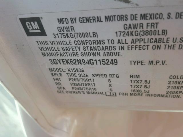 3GYEK62N94G115249 - 2004 CADILLAC ESCALADE E WHITE photo 10