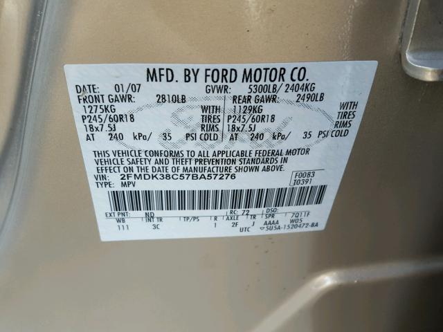 2FMDK38C57BA57276 - 2007 FORD EDGE SEL BEIGE photo 10