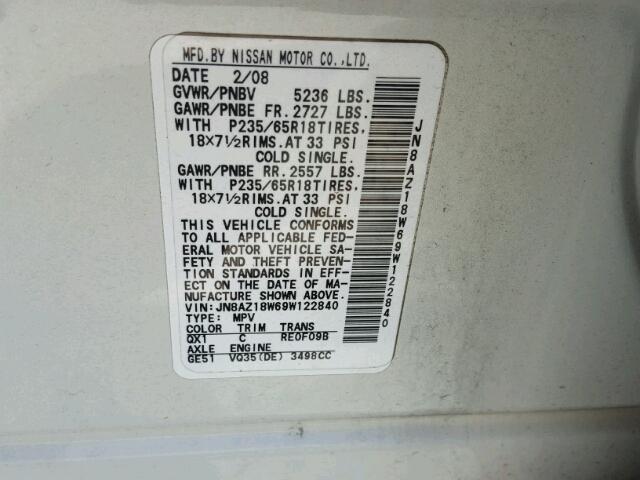 JN8AZ18W69W122840 - 2009 NISSAN MURANO S WHITE photo 10