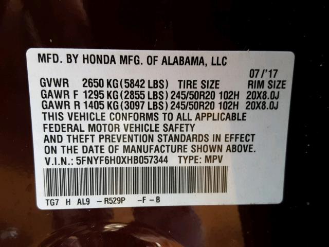 5FNYF6H0XHB057344 - 2017 HONDA PILOT ELIT MAROON photo 10