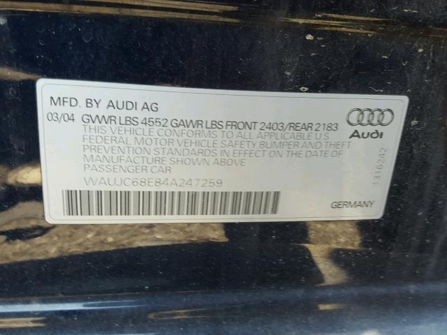 WAUJC68E84A247259 - 2004 AUDI A4 1.8T BLUE photo 10