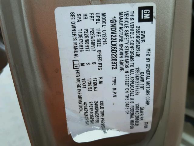 1GNDV23LX6D220372 - 2006 CHEVROLET UPLANDER L 金色 照片 10