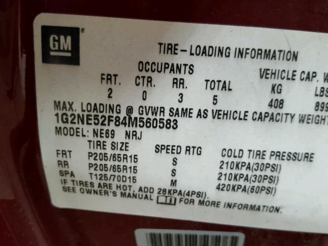 1G2NE52F84M560583 - 2004 PONTIAC GRAND AM S Qırmızı foto 10