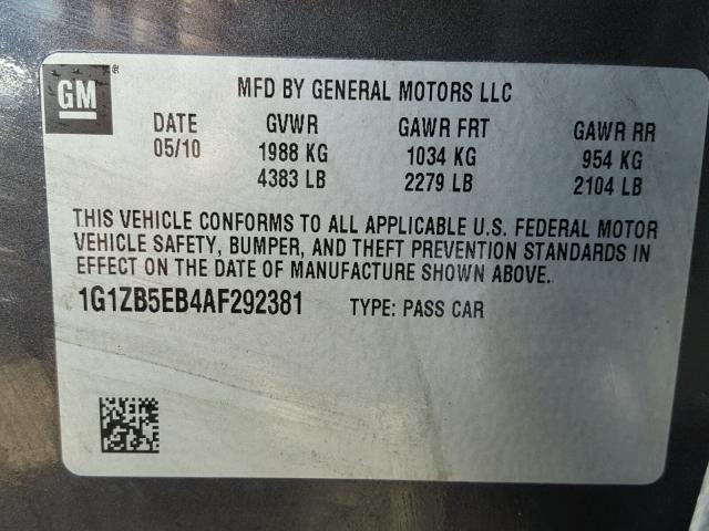 1G1ZB5EB4AF292381 - 2010 CHEVROLET MALIBU LS ნაცრისფერი ფოტო 10