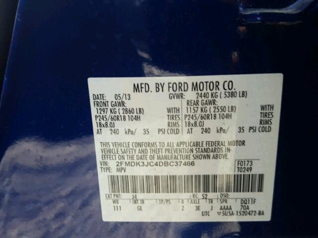 2FMDK3JC4DBC37466 - 2013 FORD EDGE SEL BLUE photo 10