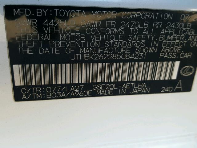 JTHBK262285084231 - 2008 LEXUS IS 250 WHITE photo 10