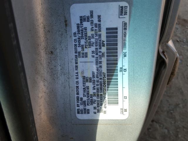 4N2ZN15T21D807547 - 2001 NISSAN QUEST GXE SILVER photo 10