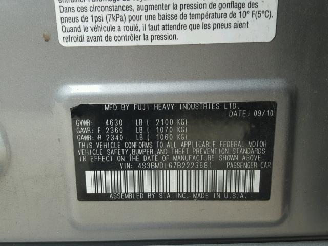 4S3BMDL67B2223681 - 2011 SUBARU LEGACY 3.6 SILVER photo 10