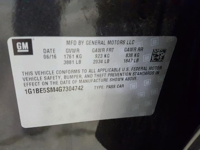 1G1BE5SM4G7304742 - 2016 CHEVROLET CRUZE LT GRAY photo 10