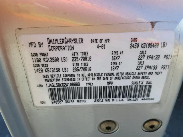 1J4GL58K62W106889 - 2002 JEEP LIBERTY LI SILVER photo 10