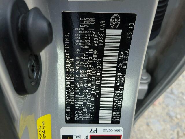 4T1BF1FK0EU813033 - 2014 TOYOTA CAMRY L SILVER photo 10