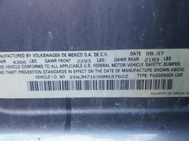 3VWJM71K98M037622 - 2008 VOLKSWAGEN JETTA S GRAY photo 10