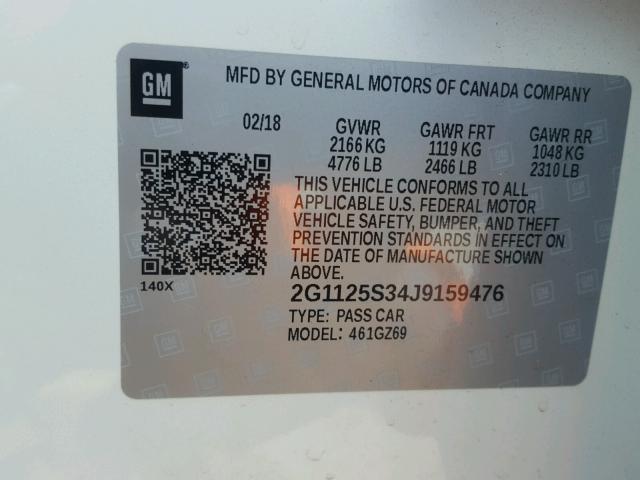 2G1125S34J9159476 - 2018 CHEVROLET IMPALA PRE თეთრი ფოტო 10