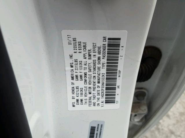 1HGCR2F55HA150243 - 2017 HONDA ACCORD SPO WHITE photo 10