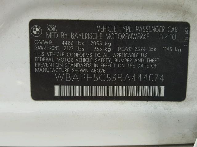 WBAPH5C53BA444074 - 2011 BMW 328 I SULE WHITE photo 10