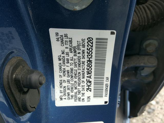 2HGFA16589H355220 - 2009 HONDA CIVIC LX Azul foto 10