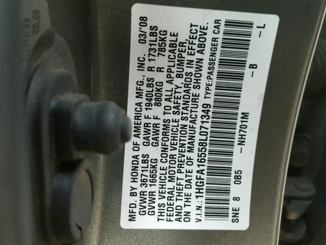 1HGFA16558L071349 - 2008 HONDA CIVIC GRAY photo 10