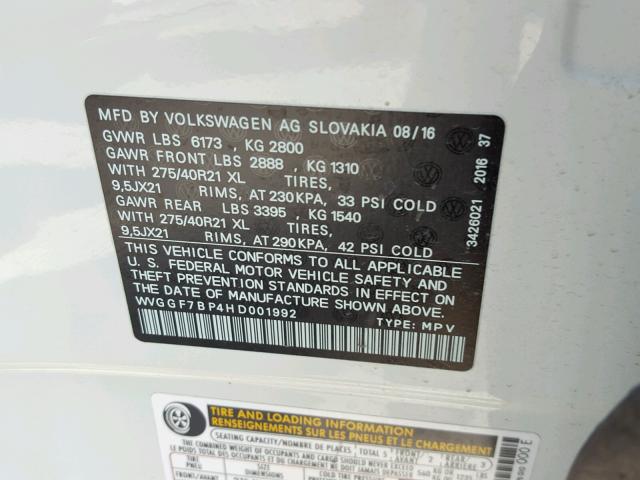 WVGGF7BP4HD001992 - 2017 VOLKSWAGEN TOUAREG EX WHITE photo 10