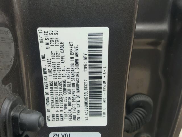 5J6RM3H78EL003212 - 2014 HONDA CR-V EXL GRAY photo 10