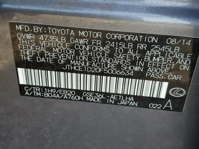 JTHCE1D20F5006634 - 2015 LEXUS IS 350 GRAY photo 10