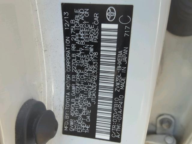 JTDKN3DP6E3053178 - 2014 TOYOTA PRIUS PLUG WHITE photo 10