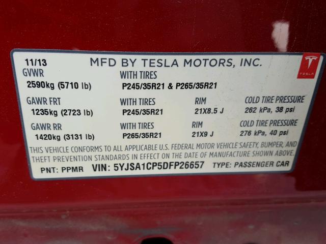 5YJSA1CP5DFP26657 - 2013 TESLA MODEL S RED photo 10