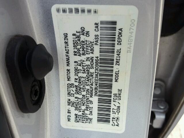 1NXBU4EE3AZ309864 - 2010 TOYOTA COROLLA SILVER photo 10